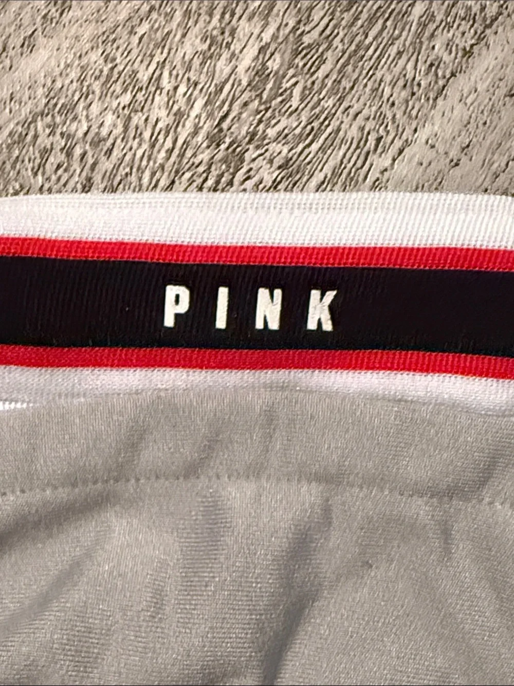 PINK Victoria's Secret Light Gray Athletic Shorts with Red & Black Side Stripes